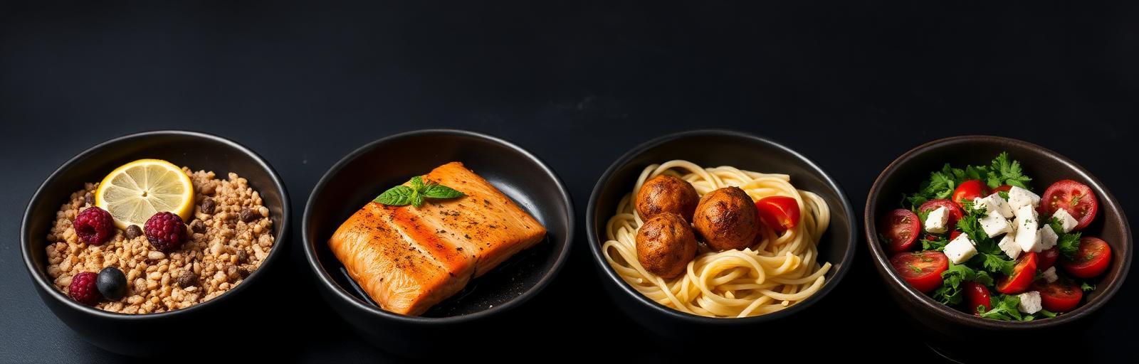 Four meal bowls: oatmeal, salmon, meatballs, salad